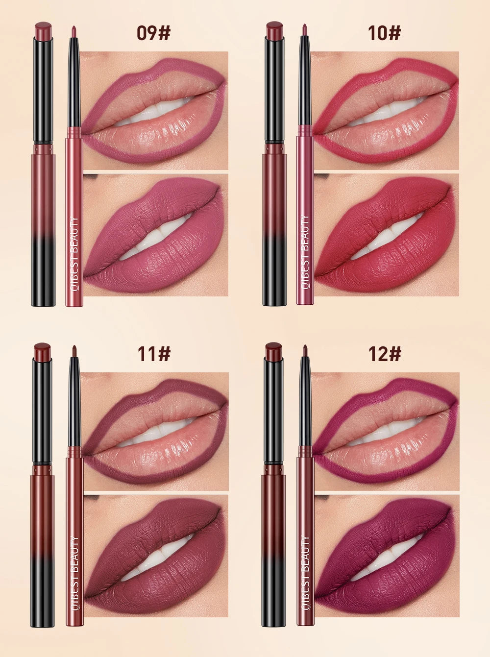 QIBEST 2pcs Matte Velvet Lip Liner Pencil Set Long-Lasting Sexy Red Lipstick Contour Makeup Lip Lipliner Pen Combo Full Size