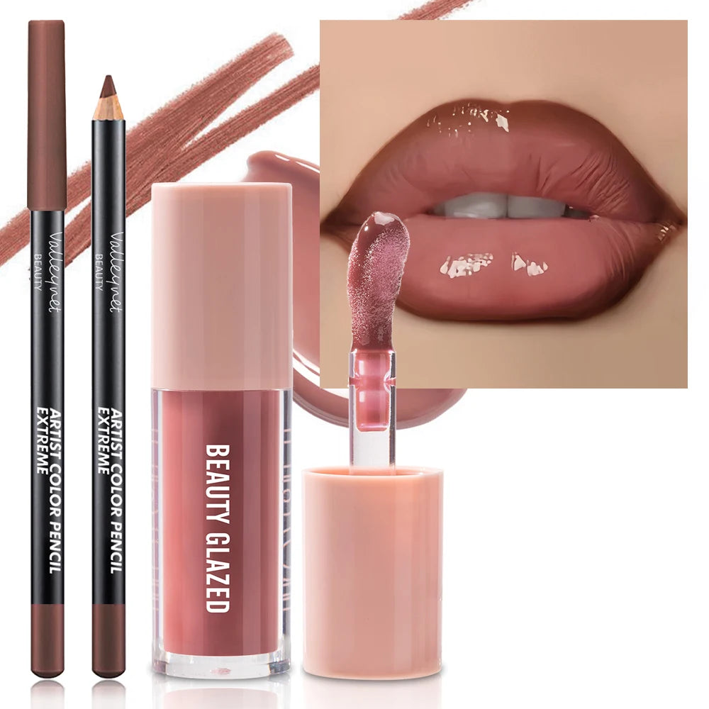2pcs/Set Velvet Texture Lip Combo Matte Long-lasting Waterproof Brown Lip Liner Moisturizing Natural Lip Makeup