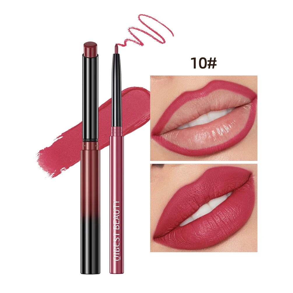 QIBEST 2pcs Matte Velvet Lip Liner Pencil Set Long-Lasting Sexy Red Lipstick Contour Makeup Lip Lipliner Pen Combo Full Size