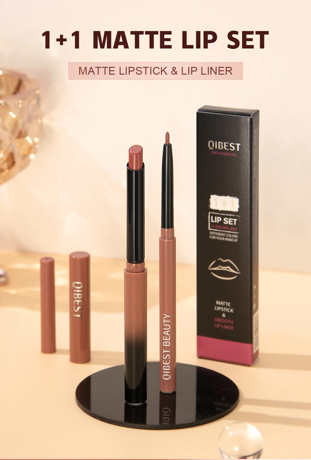 QIBEST 2pcs Matte Velvet Lip Liner Pencil Set Long-Lasting Sexy Red Lipstick Contour Makeup Lip Lipliner Pen Combo Full Size