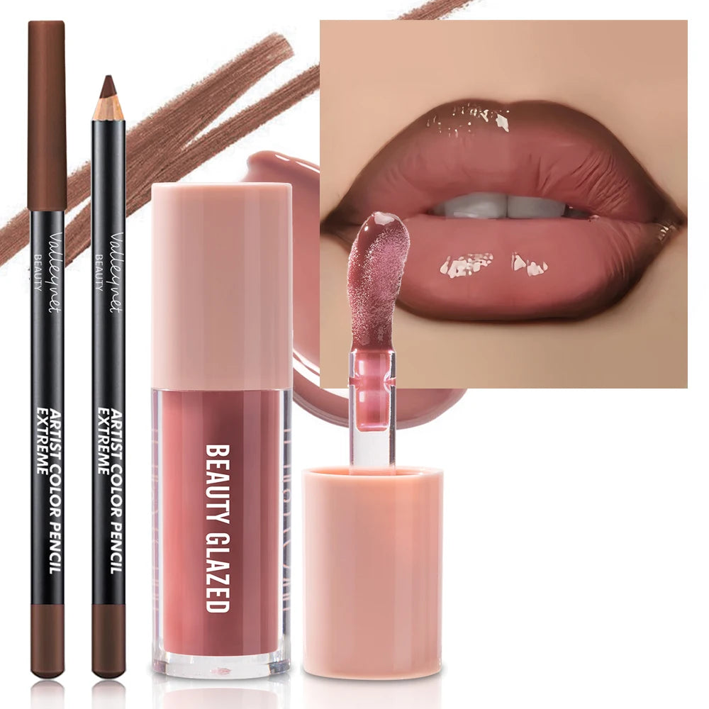 2pcs/Set Velvet Texture Lip Combo Matte Long-lasting Waterproof Brown Lip Liner Moisturizing Natural Lip Makeup