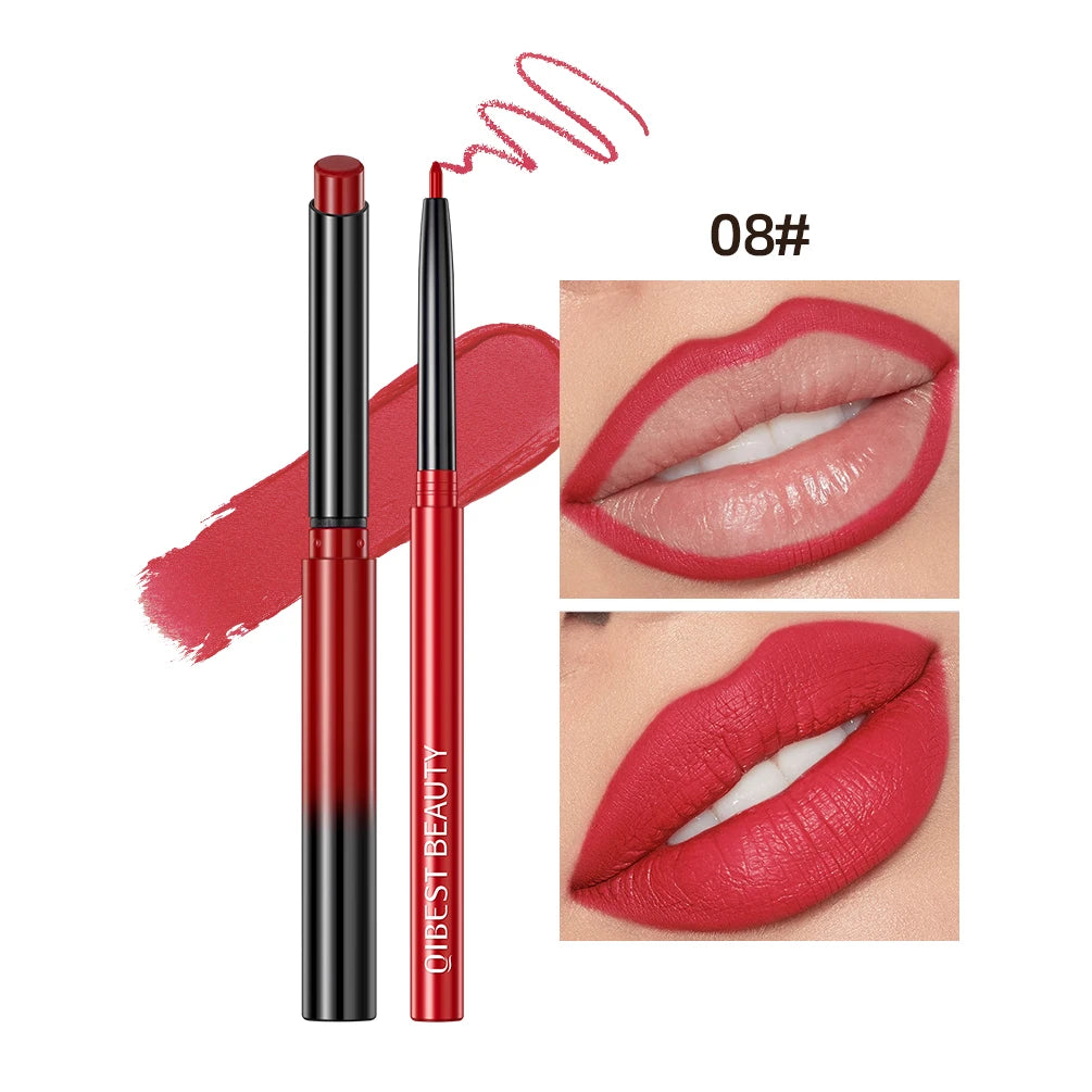 QIBEST 2pcs Matte Velvet Lip Liner Pencil Set Long-Lasting Sexy Red Lipstick Contour Makeup Lip Lipliner Pen Combo Full Size
