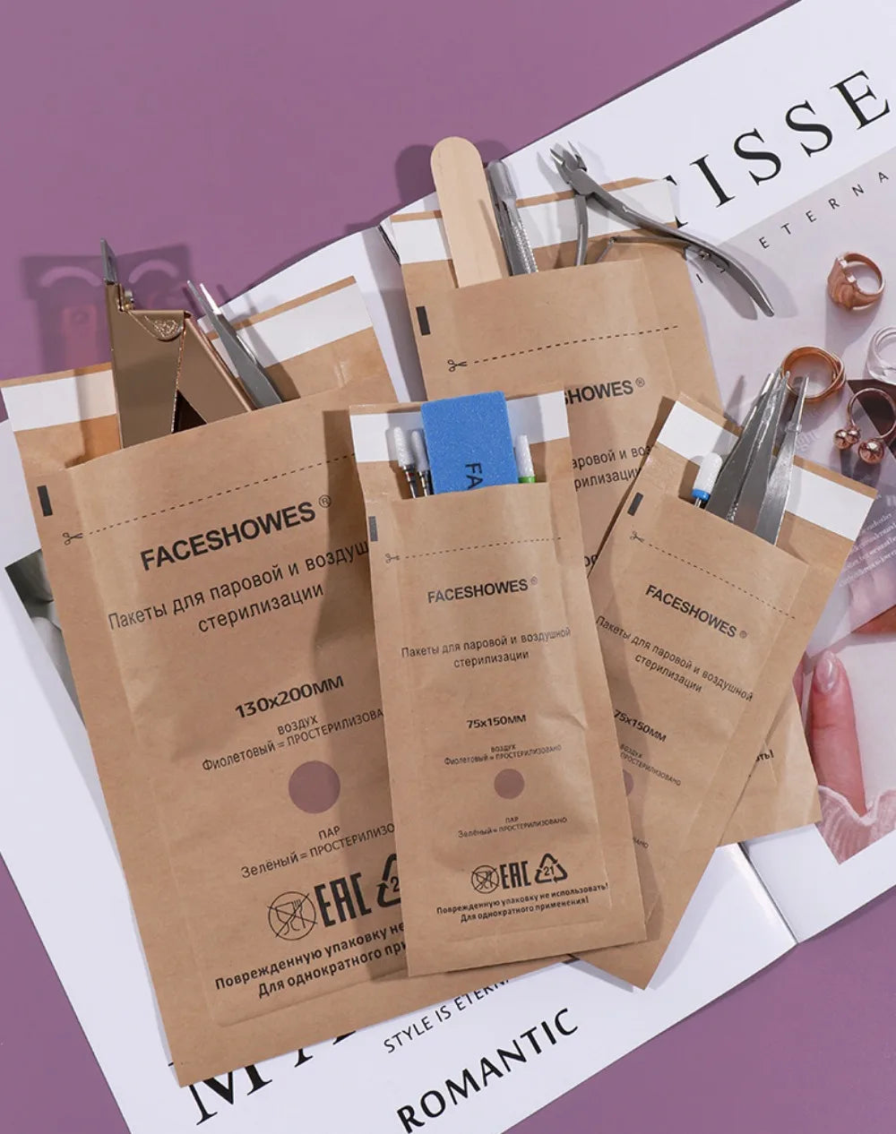100Pcs Disposable Nail Sterilizer Kraft Bags Wood Material Manicure Disinfection Tools for Nail Art Clean Sterilization