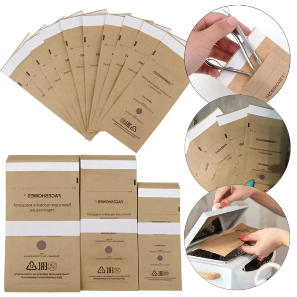 100Pcs Disposable Nail Sterilizer Kraft Bags Wood Material Manicure Disinfection Tools for Nail Art Clean Sterilization