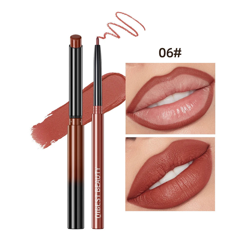 QIBEST 2pcs Matte Velvet Lip Liner Pencil Set Long-Lasting Sexy Red Lipstick Contour Makeup Lip Lipliner Pen Combo Full Size