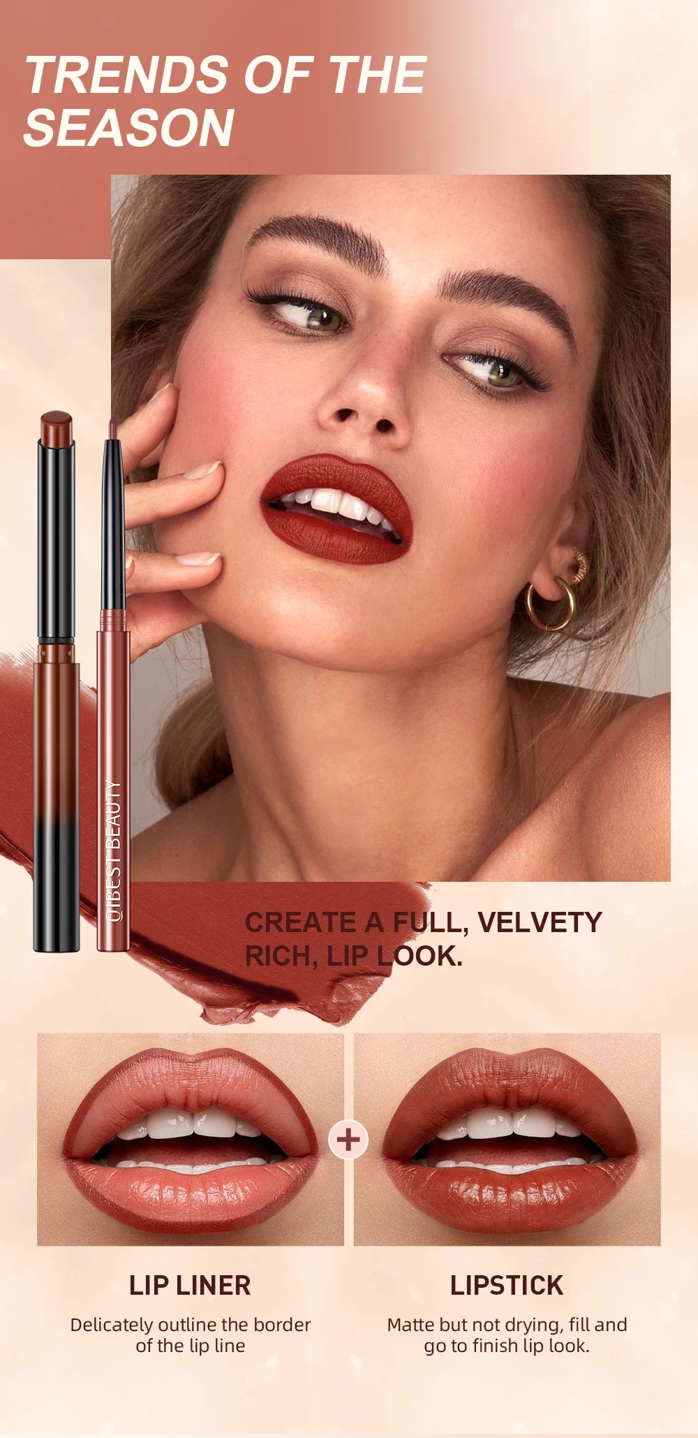 QIBEST 2pcs Matte Velvet Lip Liner Pencil Set Long-Lasting Sexy Red Lipstick Contour Makeup Lip Lipliner Pen Combo Full Size