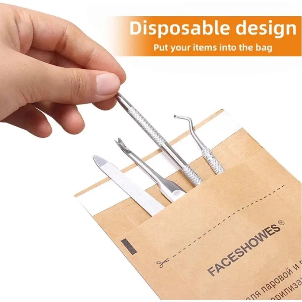 100Pcs Disposable Nail Sterilizer Kraft Bags Wood Material Manicure Disinfection Tools for Nail Art Clean Sterilization