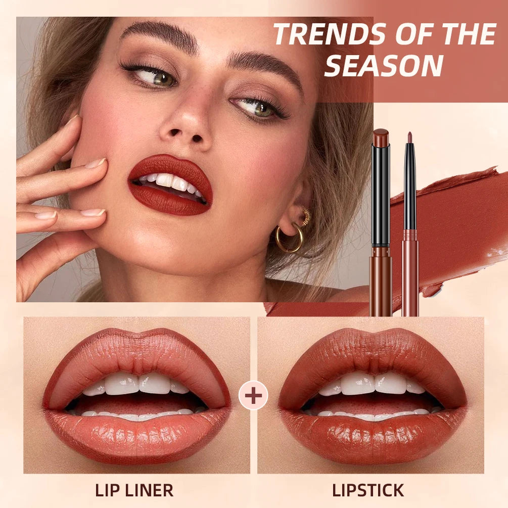 QIBEST 2pcs Matte Velvet Lip Liner Pencil Set Long-Lasting Sexy Red Lipstick Contour Makeup Lip Lipliner Pen Combo Full Size