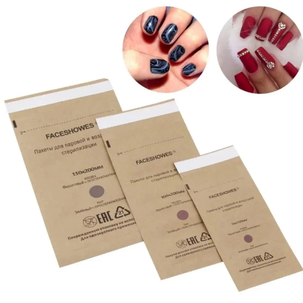 100Pcs Disposable Nail Sterilizer Kraft Bags Wood Material Manicure Disinfection Tools for Nail Art Clean Sterilization