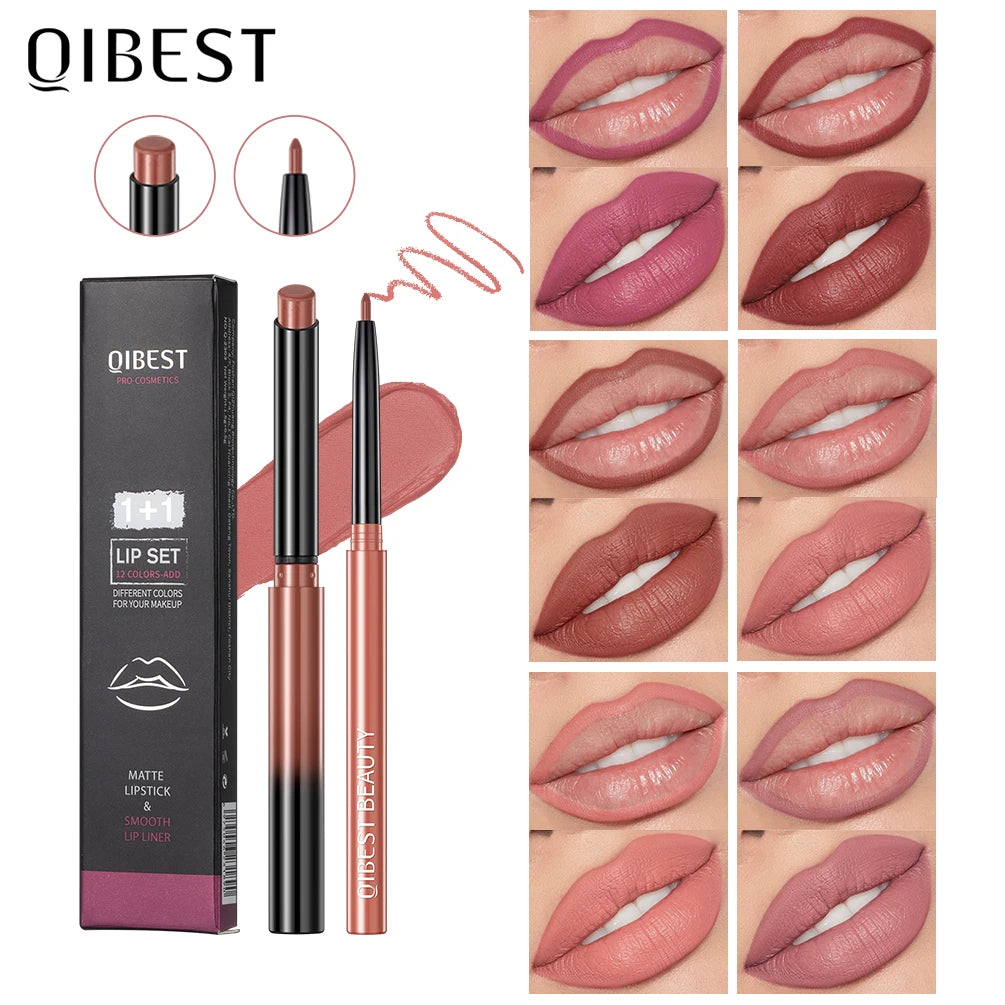 QIBEST 2pcs Matte Velvet Lip Liner Pencil Set Long-Lasting Sexy Red Lipstick Contour Makeup Lip Lipliner Pen Combo Full Size
