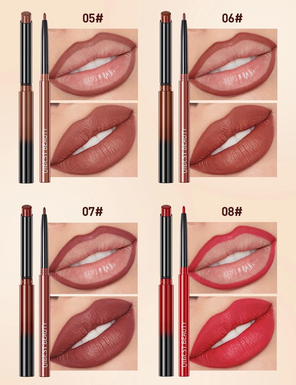 QIBEST 2pcs Matte Velvet Lip Liner Pencil Set Long-Lasting Sexy Red Lipstick Contour Makeup Lip Lipliner Pen Combo Full Size