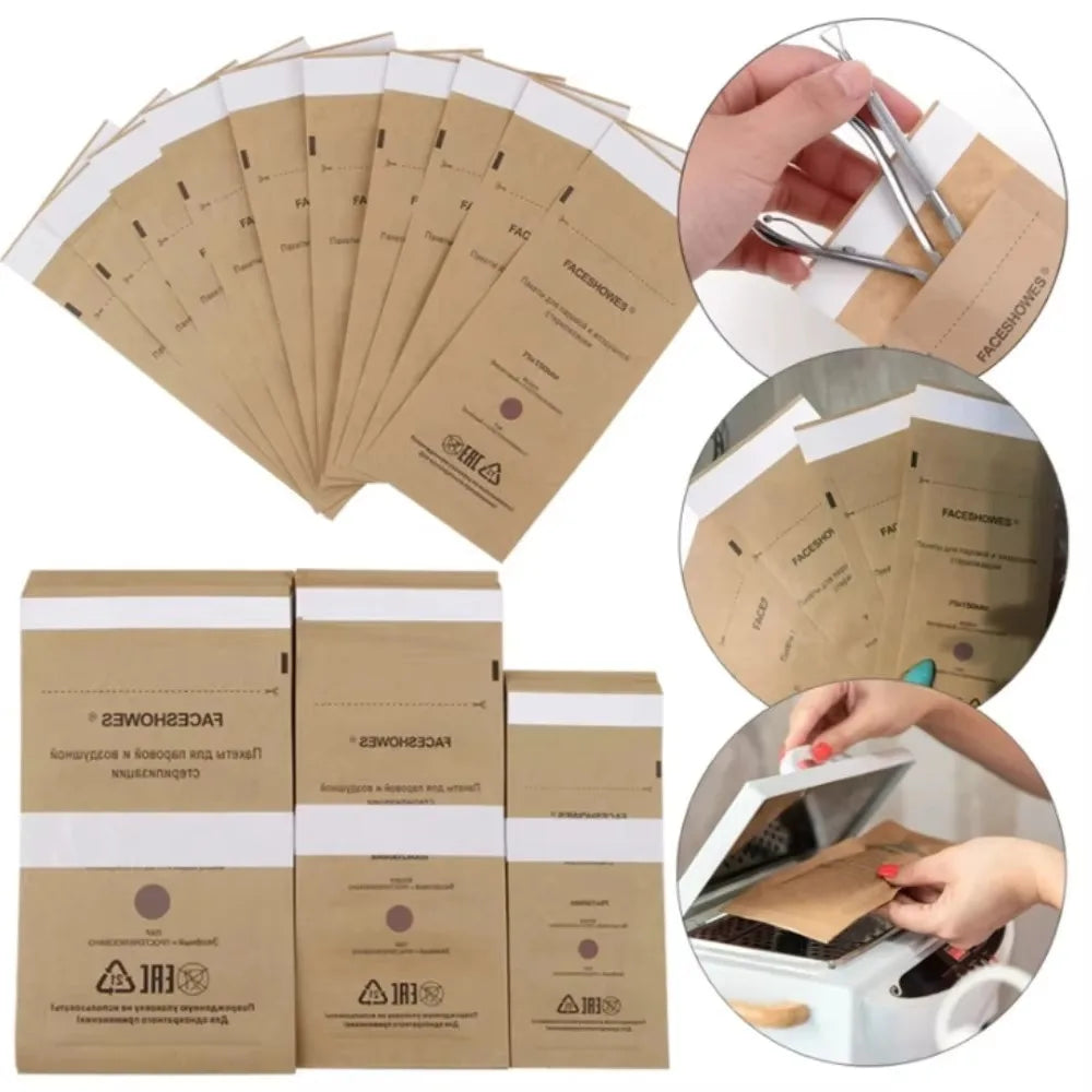 100Pcs Disposable Nail Sterilizer Kraft Bags Wood Material Manicure Disinfection Tools for Nail Art Clean Sterilization