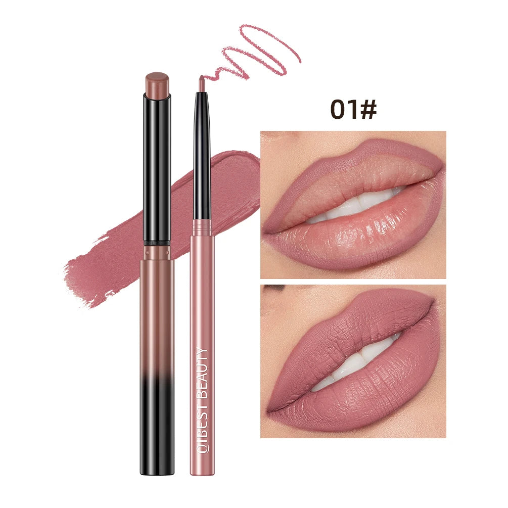 QIBEST 2pcs Matte Velvet Lip Liner Pencil Set Long-Lasting Sexy Red Lipstick Contour Makeup Lip Lipliner Pen Combo Full Size