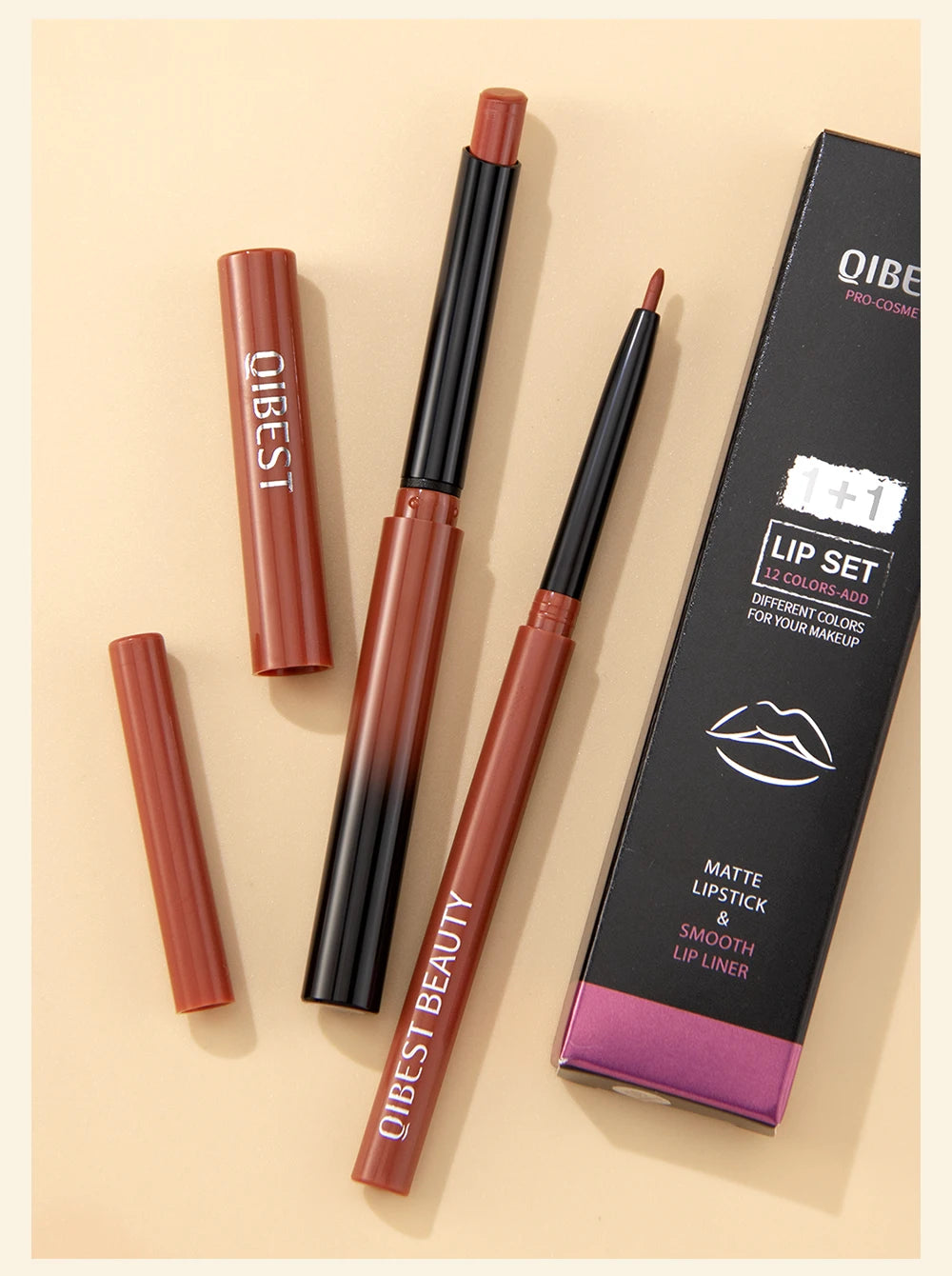 QIBEST 2pcs Matte Velvet Lip Liner Pencil Set Long-Lasting Sexy Red Lipstick Contour Makeup Lip Lipliner Pen Combo Full Size