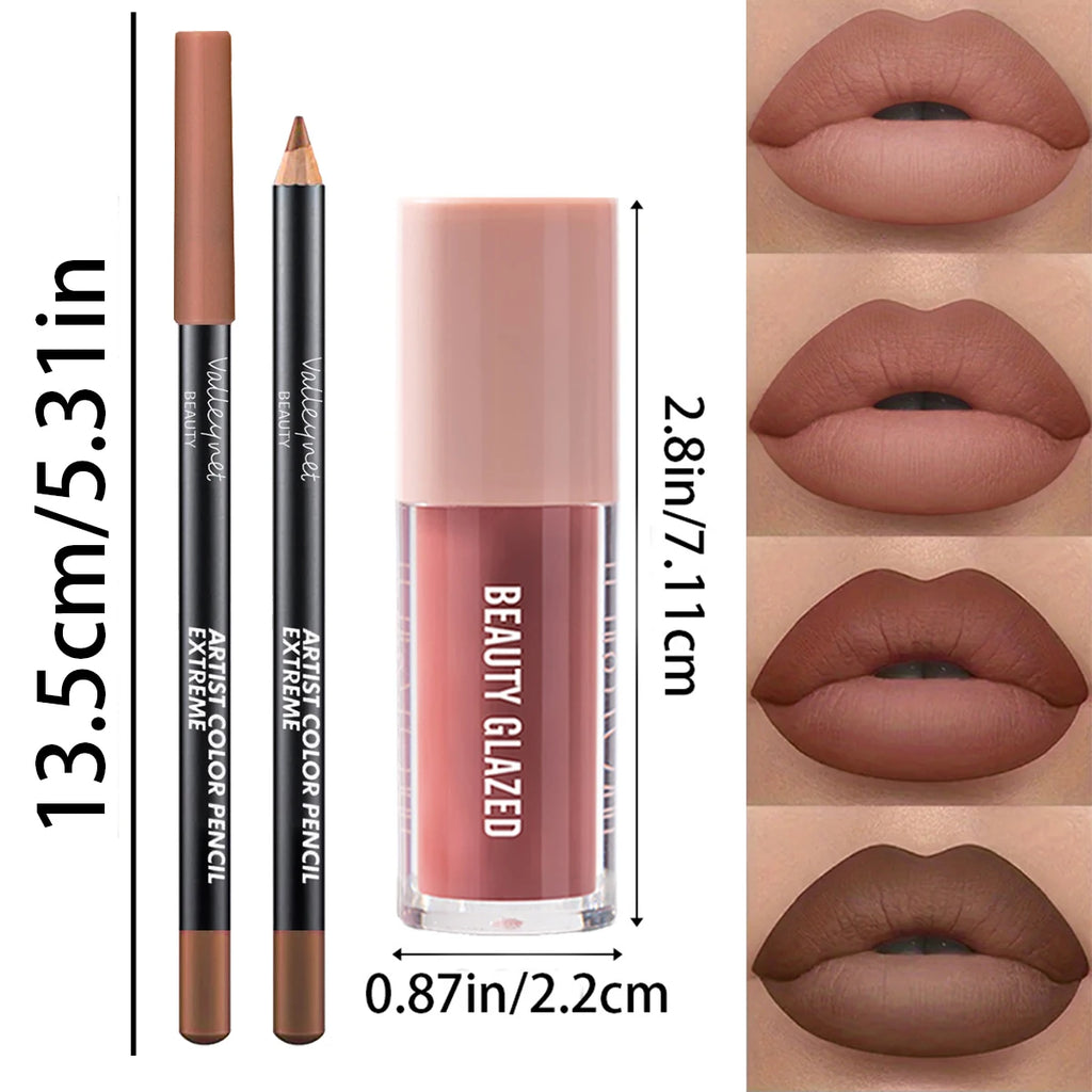 2pcs/Set Velvet Texture Lip Combo Matte Long-lasting Waterproof Brown Lip Liner Moisturizing Natural Lip Makeup