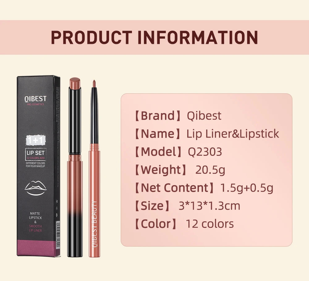 QIBEST 2pcs Matte Velvet Lip Liner Pencil Set Long-Lasting Sexy Red Lipstick Contour Makeup Lip Lipliner Pen Combo Full Size
