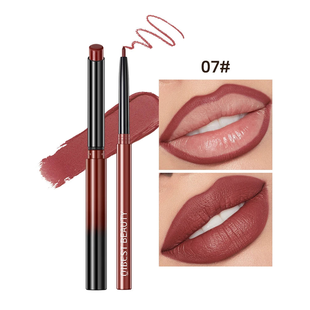 QIBEST 2pcs Matte Velvet Lip Liner Pencil Set Long-Lasting Sexy Red Lipstick Contour Makeup Lip Lipliner Pen Combo Full Size